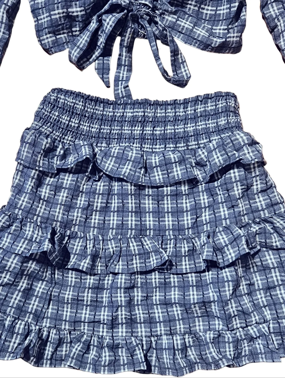 ILLA ILLA Anthropologie Chambray Plaid Two Piece Crop Top Ruffle Skirt Set NWOT